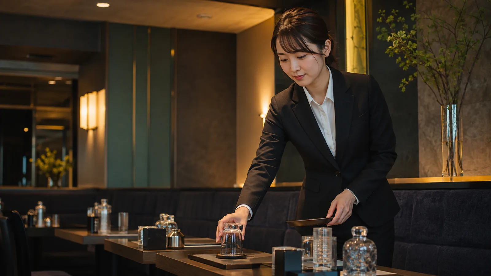 開店前の店内でテーブルを整える女性の黒服・ホールスタッフ