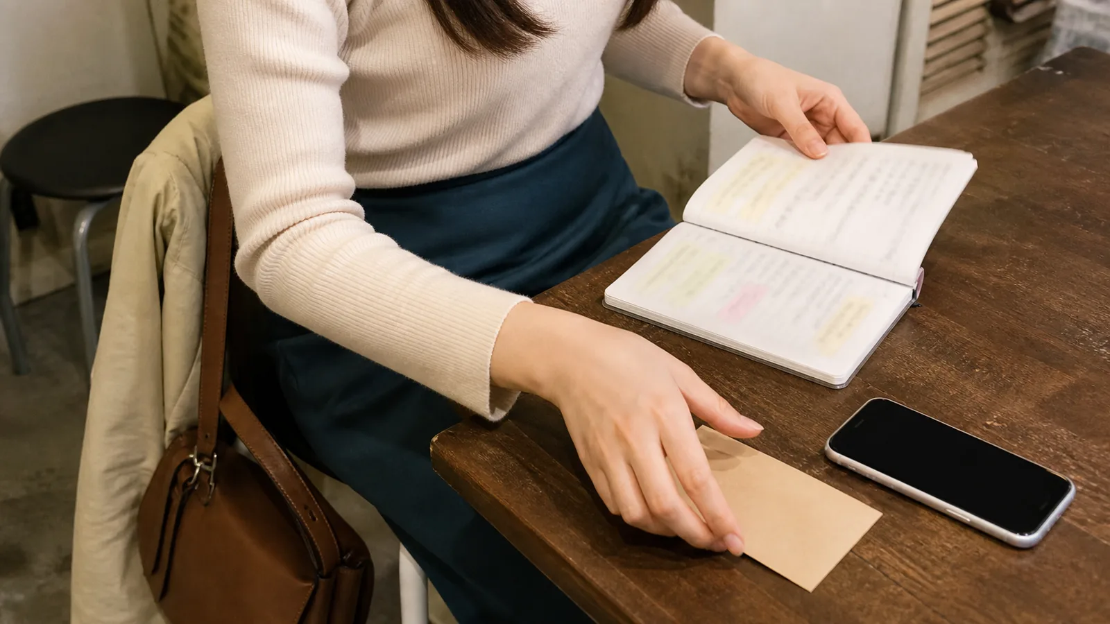 説明された勤務条件を手帳で確認する様子