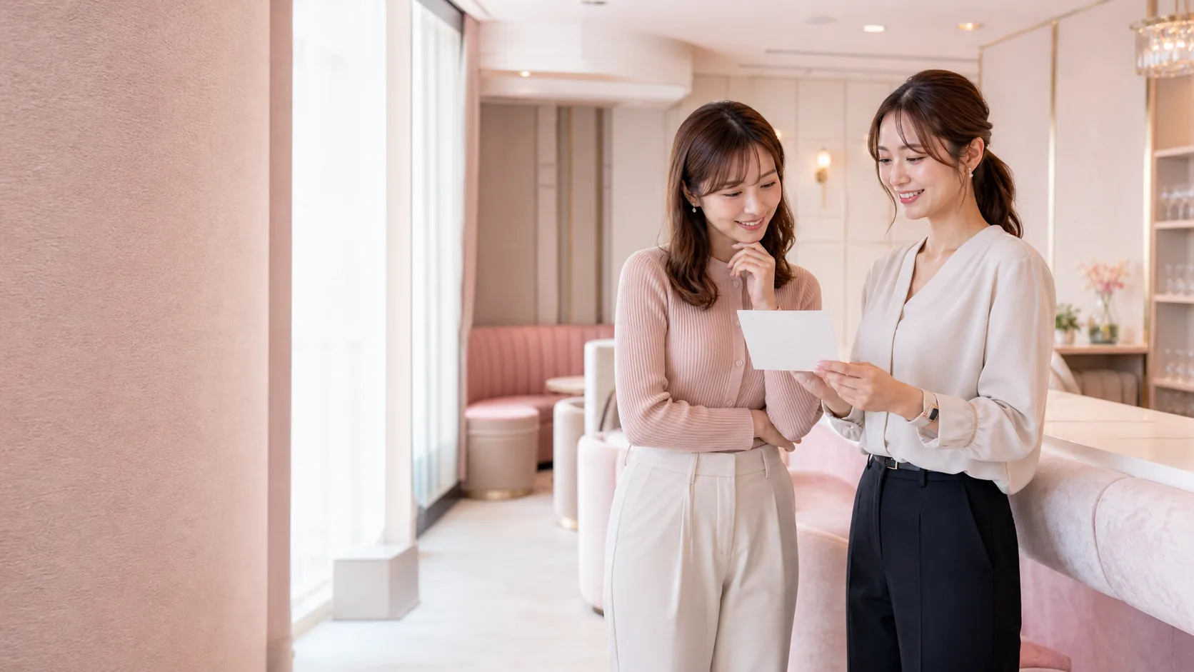 体験入店前に女性スタッフと勤務条件を確認する様子